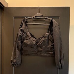 Lovers + Friends Black Puff-Sleeve Ruched Crop Top